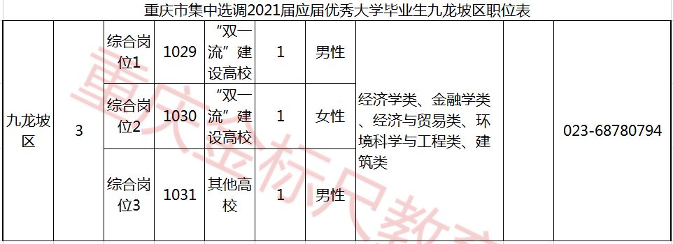 重庆九龙坡区选调生招录职位表下载